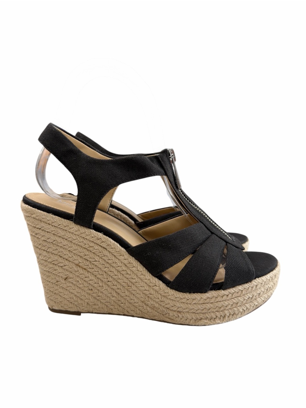 Michael Kors Berkley T Strap Espadrille Wedge Sandals Black Canvas Size 7M - Picture 2 of 16